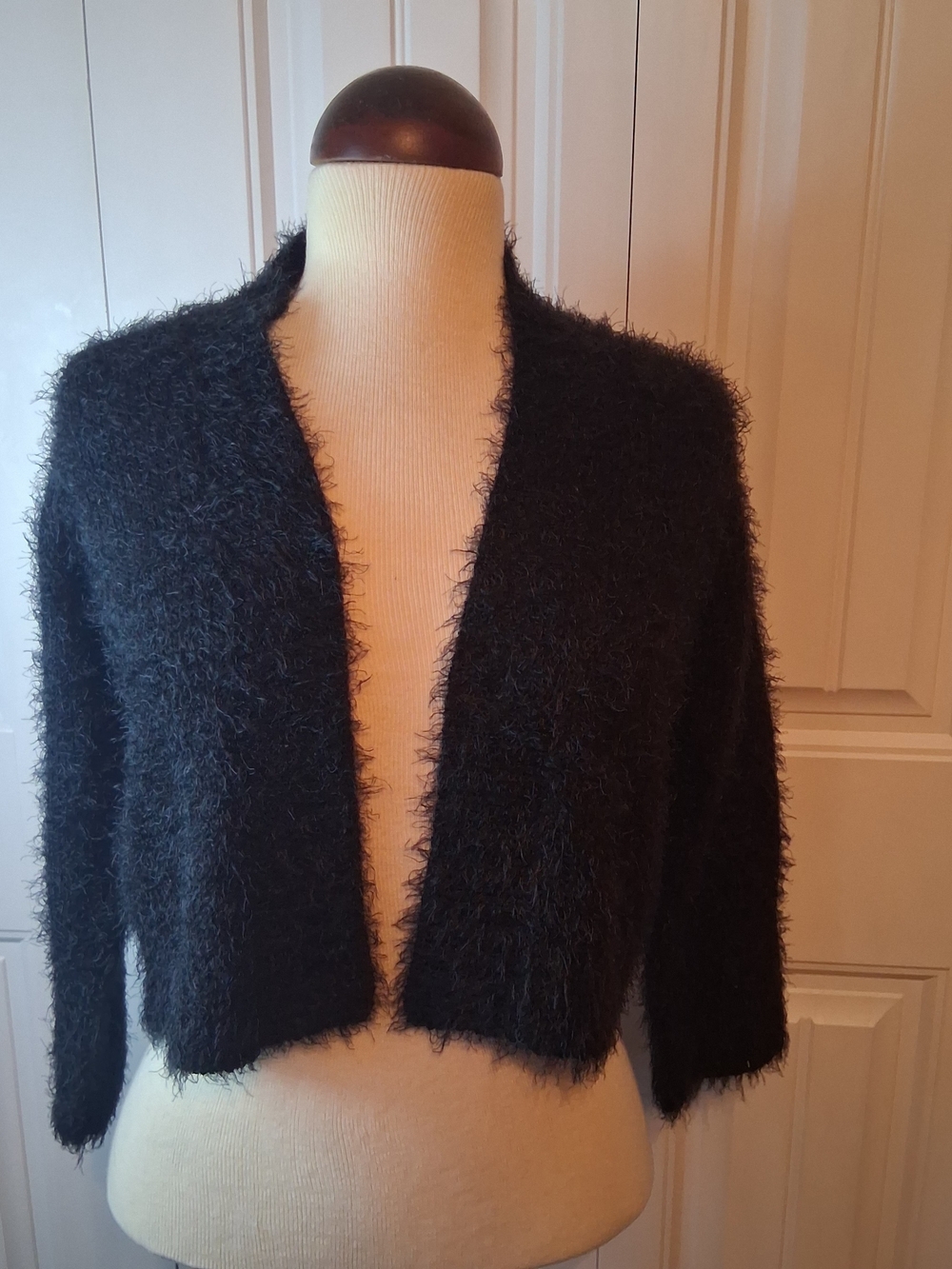 Ronni Nicole Black Fuzzy Open-Front Cropped Women's Sweater Size Small